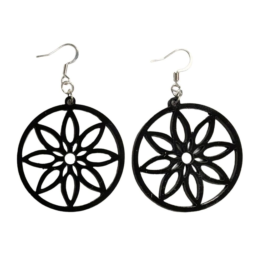 Acrylic Earrings - 1.87" x 1.75" Circle Flower - Black - E105-A04